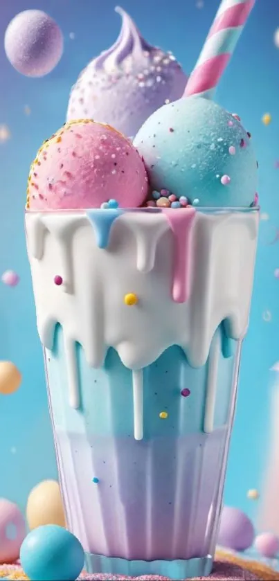 Vibrant pastel ice cream shake with sprinkles.