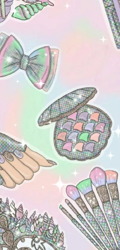 Pastel iridescent makeup themed wallpaper with artistic design.