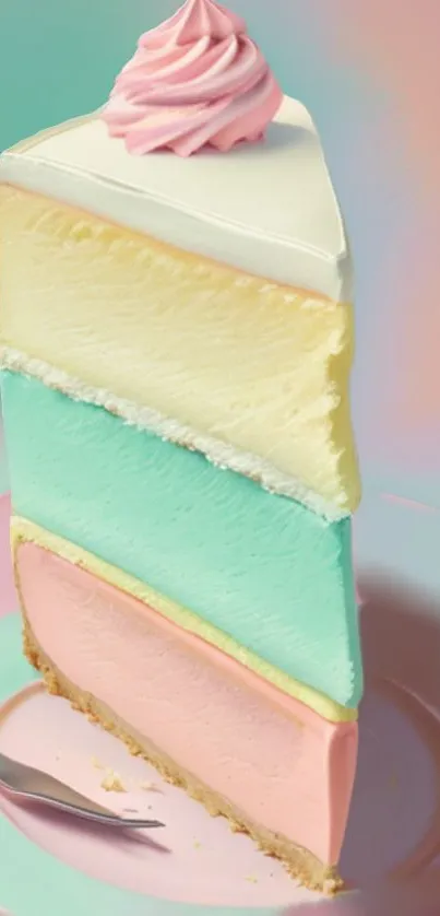 A slice of pastel layered cake with pink, blue, and cream colors.