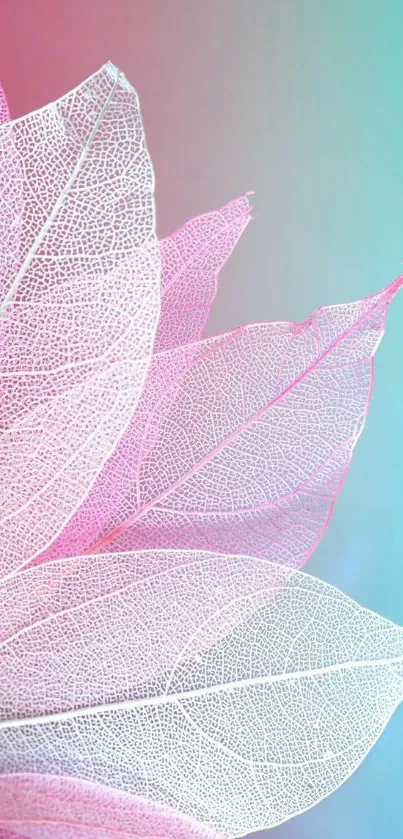 Pastel leaves art with pink and green hues for phone wallpaper.