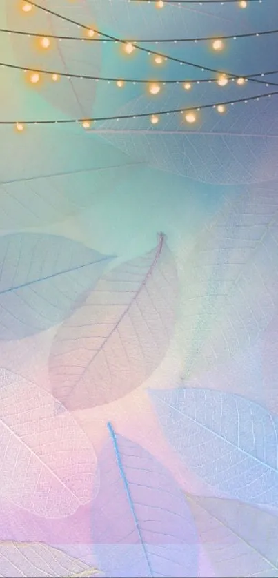 Pastel leaves with glowing fairy lights on soft background.