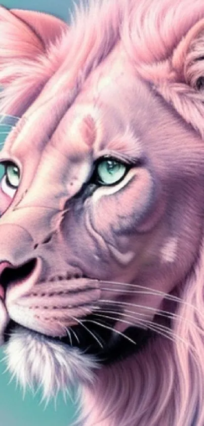 Pastel lion art wallpaper with pink fur and teal eyes.