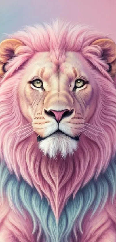 Pastel colored lion with pink mane in artistic wallpaper.