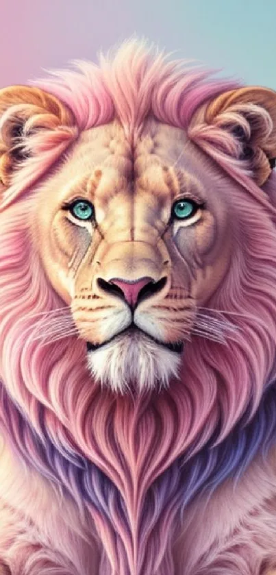 Majestic lion with a pink mane against a pastel background in artistic style.