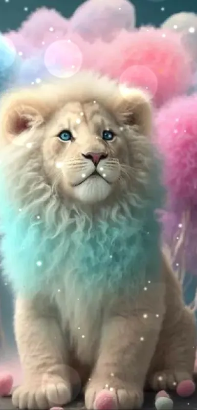 Whimsical lion with pastel cotton candy clouds.
