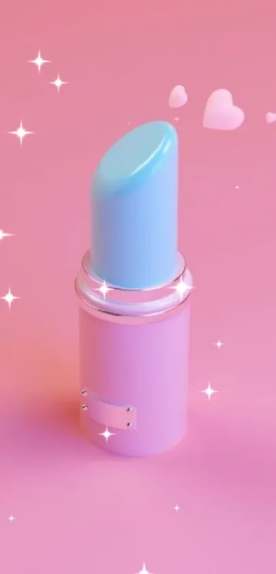 Blue and pink pastel lipstick with hearts on a mobile wallpaper background.