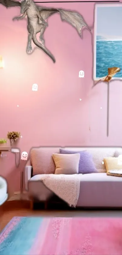 Pastel pink living room with dragon artwork.