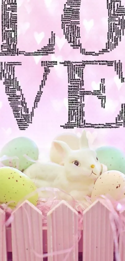 Pastel pink wallpaper with bunny and eggs