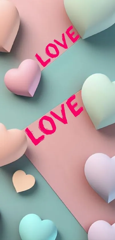 Pastel 3D hearts and 'Love' text mobile wallpaper.