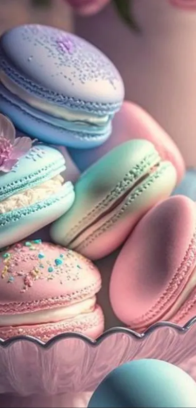 Pastel macarons in a decorative setting.