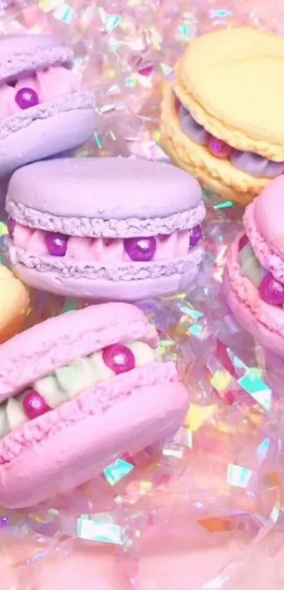 Pastel-colored macarons against a sparkling background creating a whimsical look.