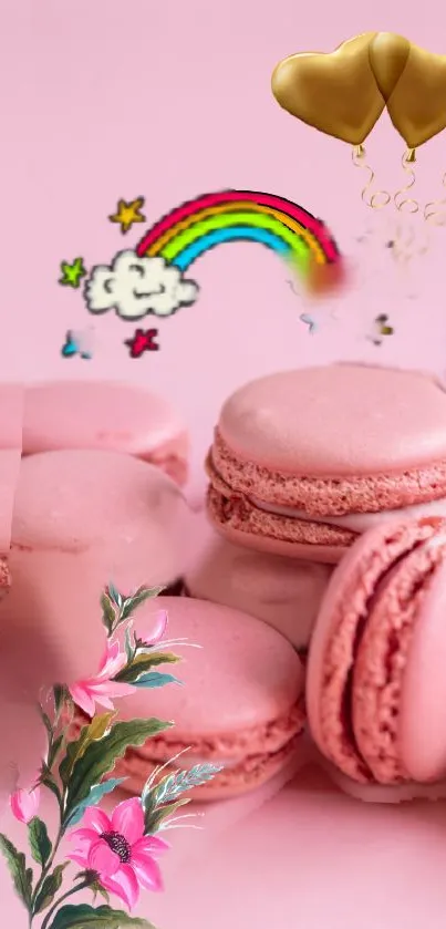 Pink macarons with rainbow and floral designs on a mobile wallpaper.