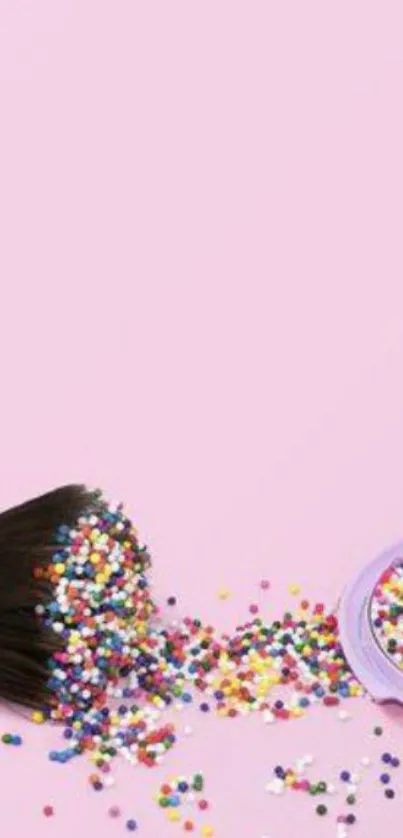 A pastel-themed wallpaper with makeup and colorful sprinkles on a pink background.