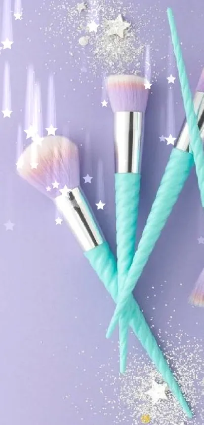 Pastel makeup brushes on a lavender background with glitter accents.