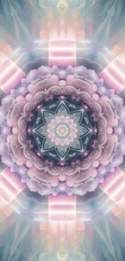 A pastel mandala wallpaper with pink and purple geometric design.