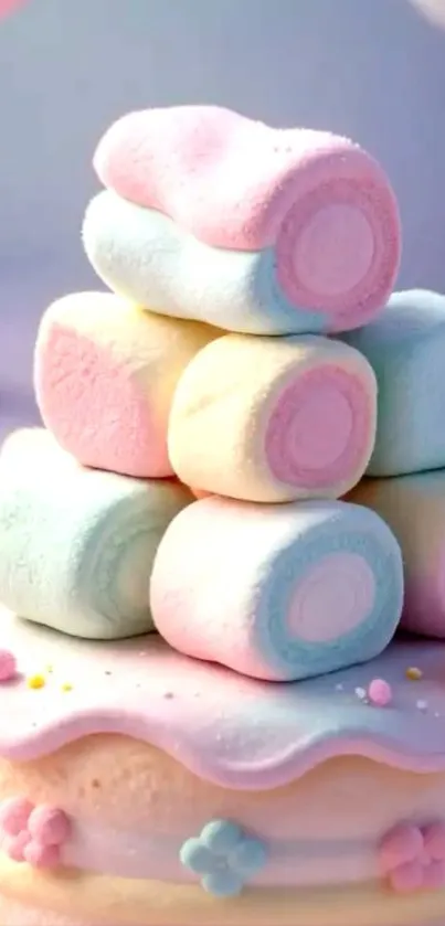 Stack of pastel marshmallows on cake with floral accents.