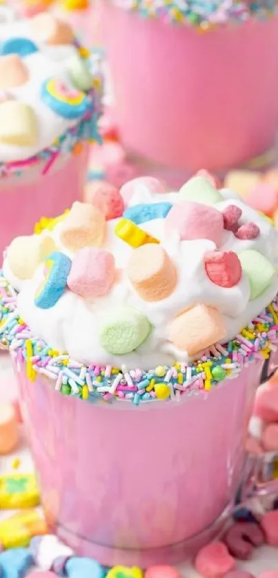 Mugs filled with colorful marshmallows and pastel decorations.