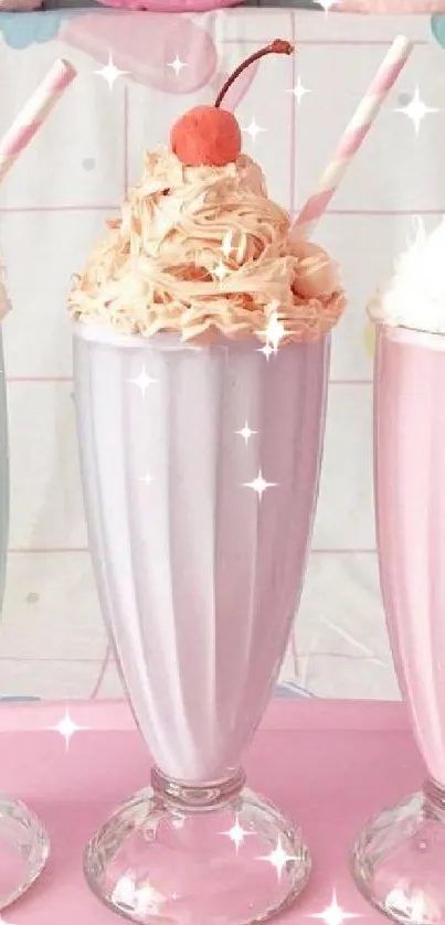 Pastel milkshakes with cherries and whipped cream in soft colors.