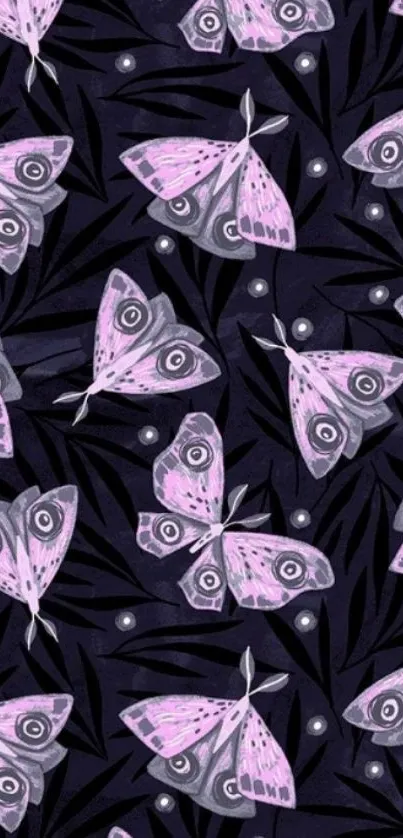 Mobile wallpaper with pastel moths on a dark background.