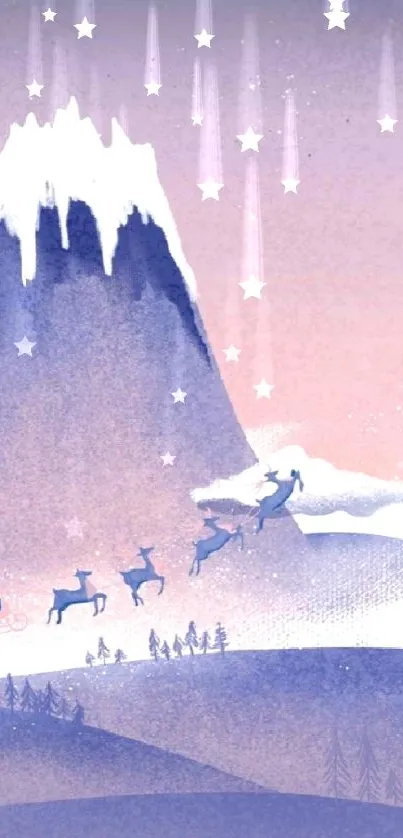 Pastel winter scene with Santa's sleigh and mountain.