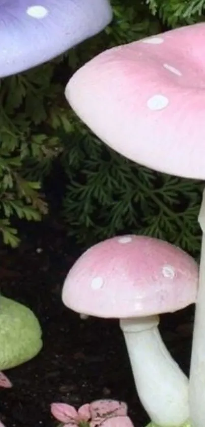 Whimsical pastel mushrooms amidst green foliage.