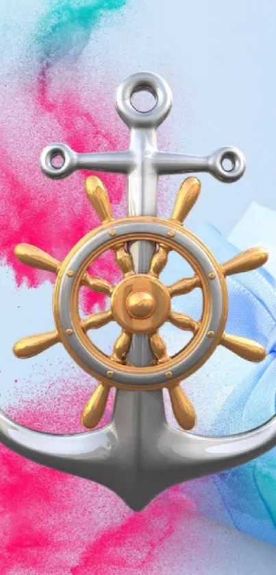 Anchor with ship wheel and gift against pastel background.