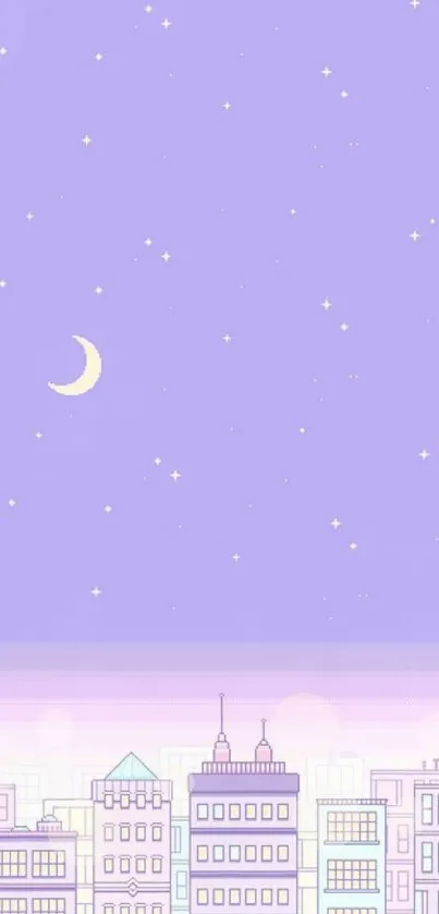 Pastel cityscape at night with crescent moon and stars.