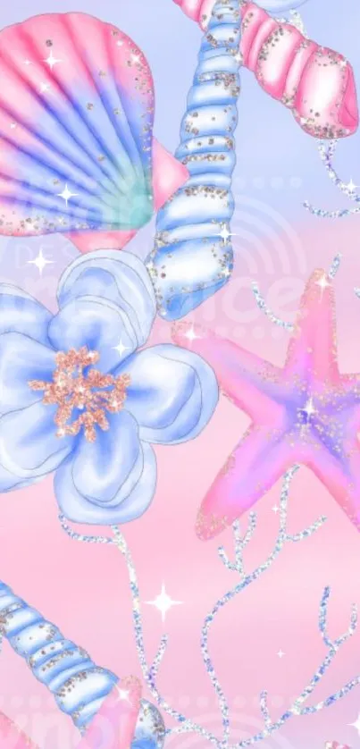 Pastel ocean-themed wallpaper with seashells, starfish, and flowers.