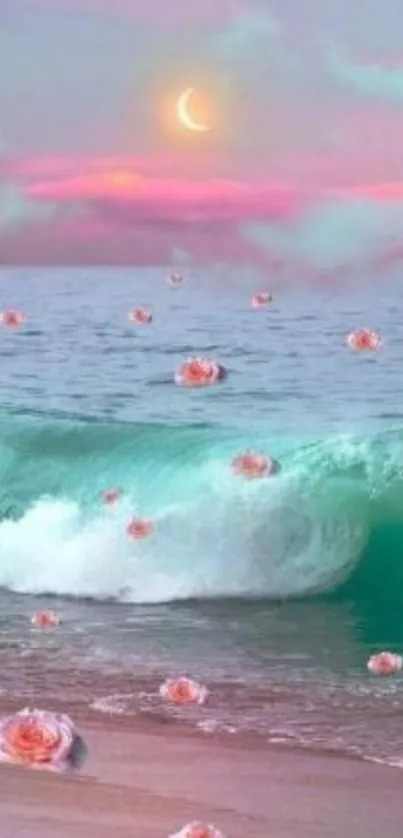 Pastel ocean with crescent moon and roses floating in waves.