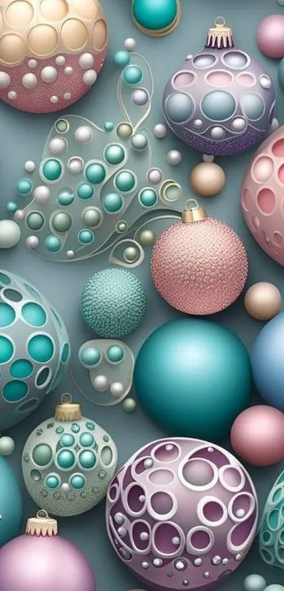 Colorful pastel ornaments with blue, pink, and teal hues for a festive wallpaper.