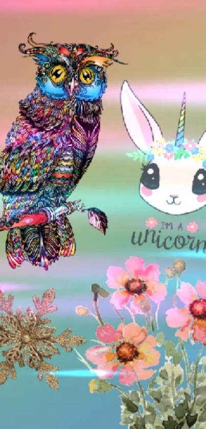 Colorful owl and unicorn on pastel background.