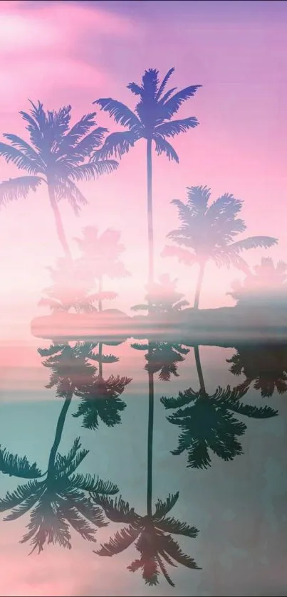 Palm trees reflecting in pink water at sunset.