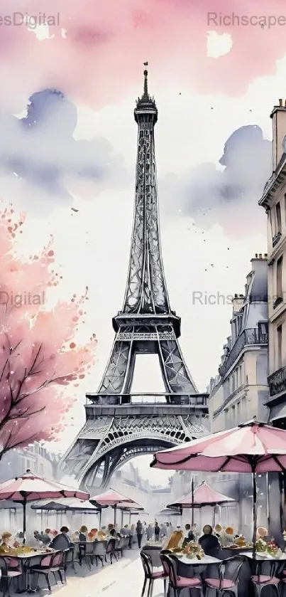 Watercolor Eiffel Tower with Parisian street and cherry blossoms.