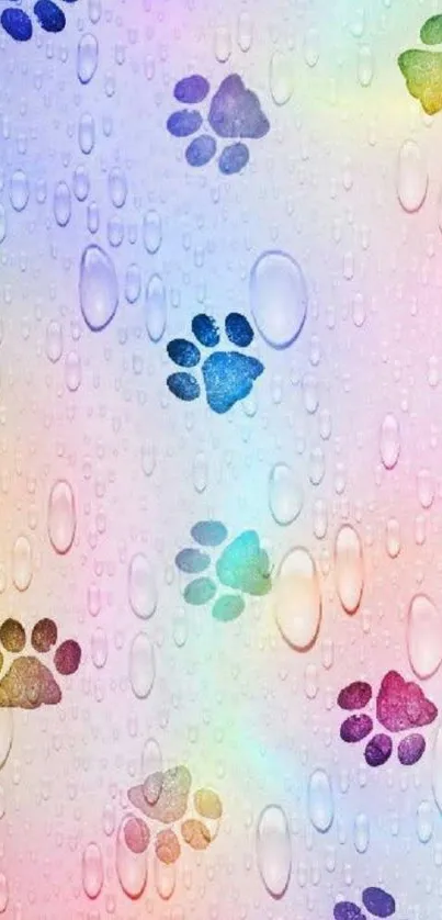 Colorful pastel wallpaper with paw prints and water droplets.