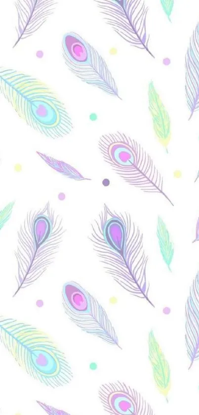 Pastel colored peacock feathers on a white background.