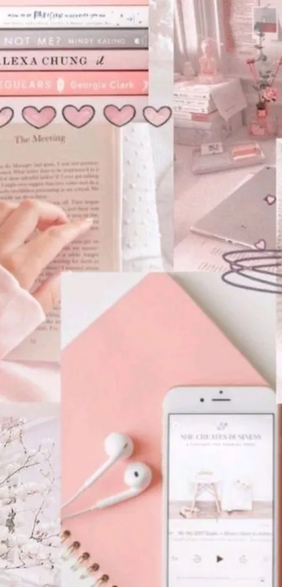 Pastel pink aesthetic collage wallpaper featuring books, camera, and cozy elements.