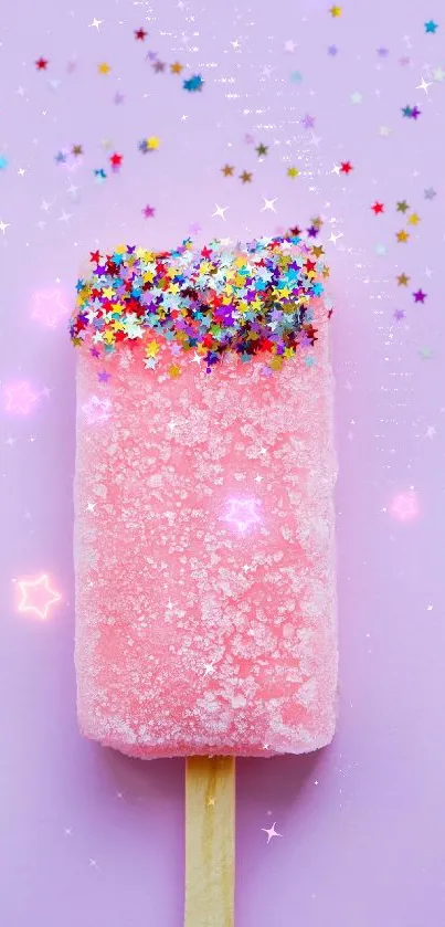 Pastel pink ice cream on stick with colorful star sprinkles on light purple background.