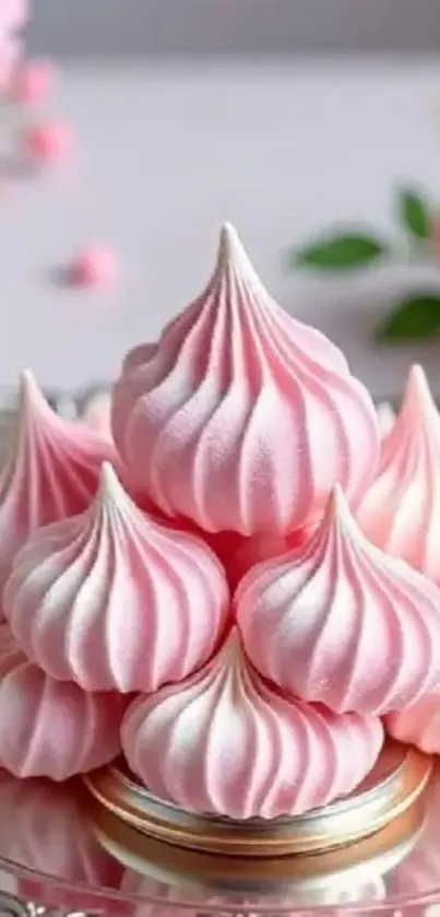 A stack of pastel pink meringues on a decorative plate.