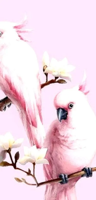 Two pastel pink parrots perched on branches with white flowers.