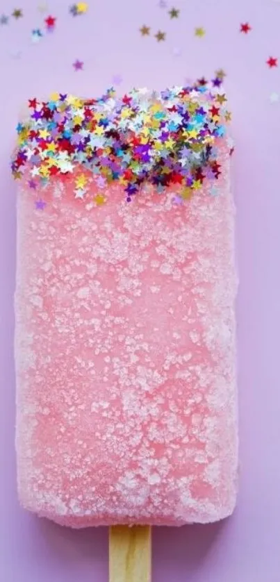 Pastel pink popsicle with colorful star sprinkles on lavender background.