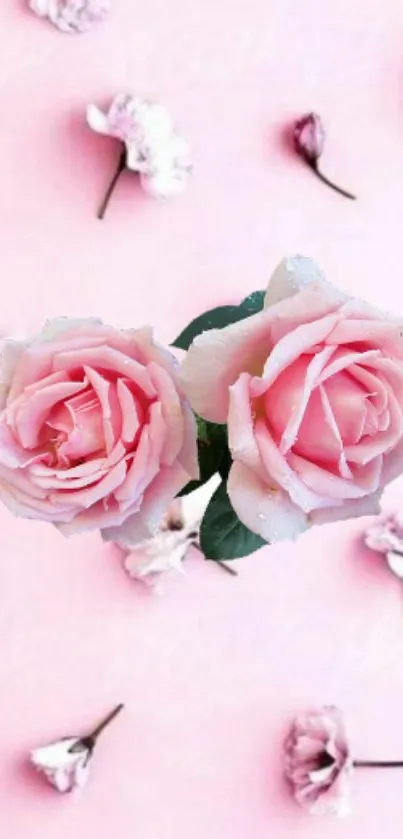 Delicate pastel pink roses on a soft pink background with floral accents.