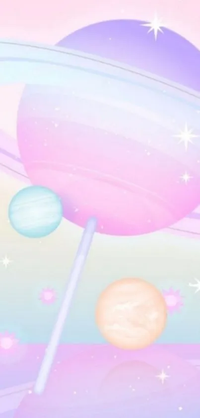 Aesthetic pastel planet wallpaper with vivid stars and cosmic theme.