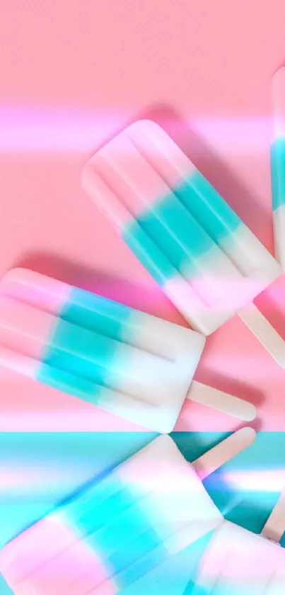 Pastel-colored popsicles on a pink and blue background.