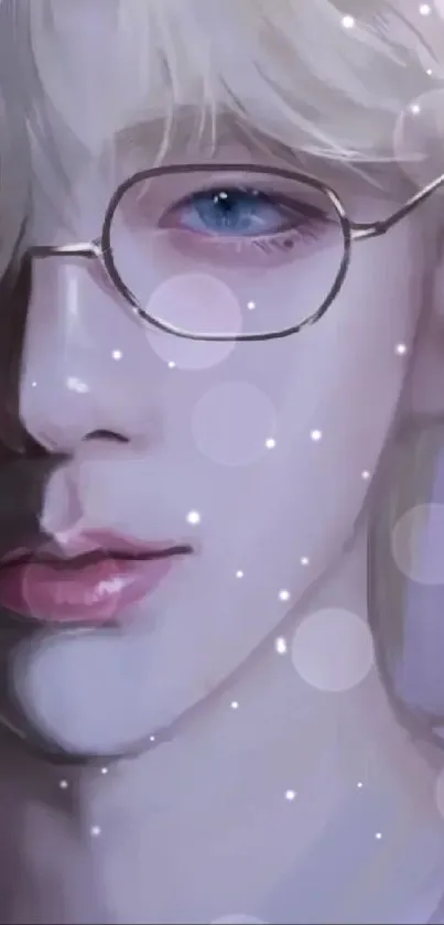 Pastel portrait of serene face with glasses in soft lavender hues.