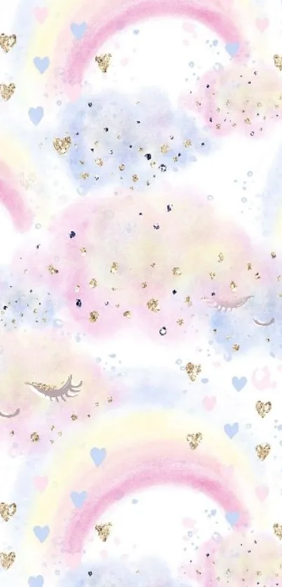 Pastel clouds and rainbows with gold accents wallpaper.