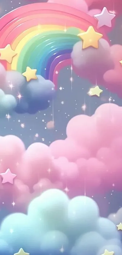 Pastel rainbow and clouds mobile wallpaper with stars.