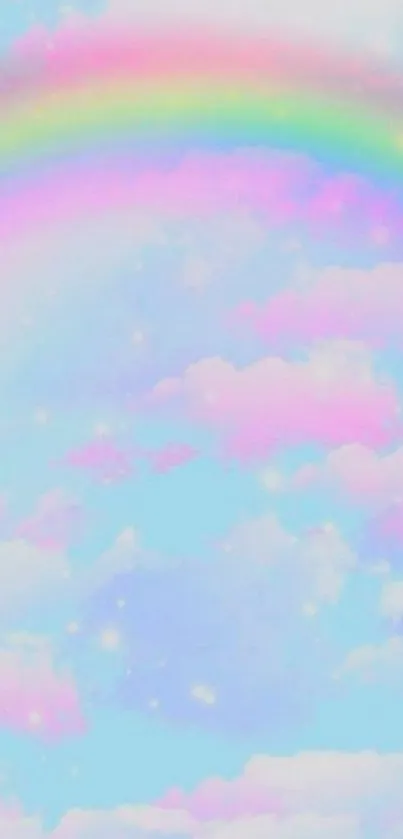 Pastel rainbow arching over fluffy clouds in a light blue sky.