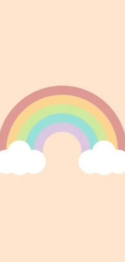 Pastel rainbow with clouds on a peach background mobile wallpaper.