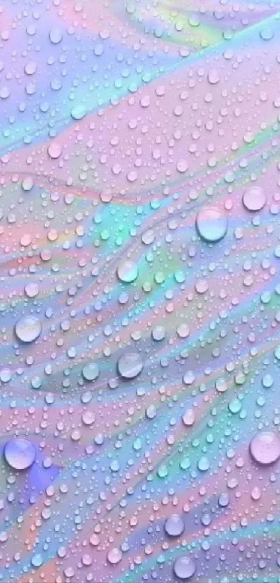 A pastel rainbow mobile wallpaper with realistic water droplets and fluid patterns.