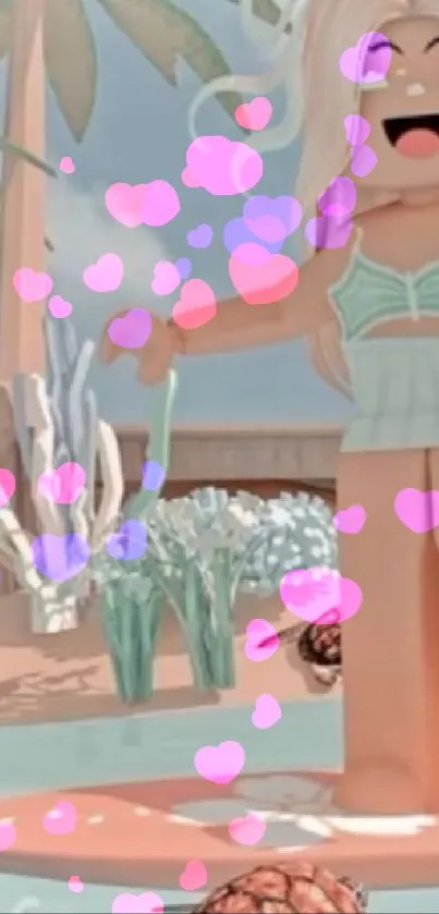 Roblox character surfing with pink hearts on pastel beach.